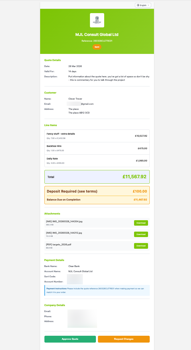 Customer-facing CoreQuote quote page showing line items and approval buttons