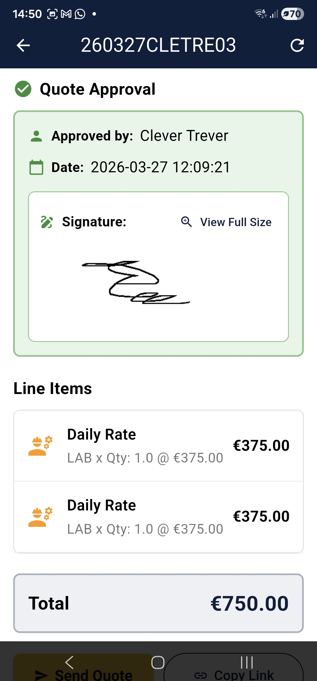 CoreQuote quote approval screen showing digital signature