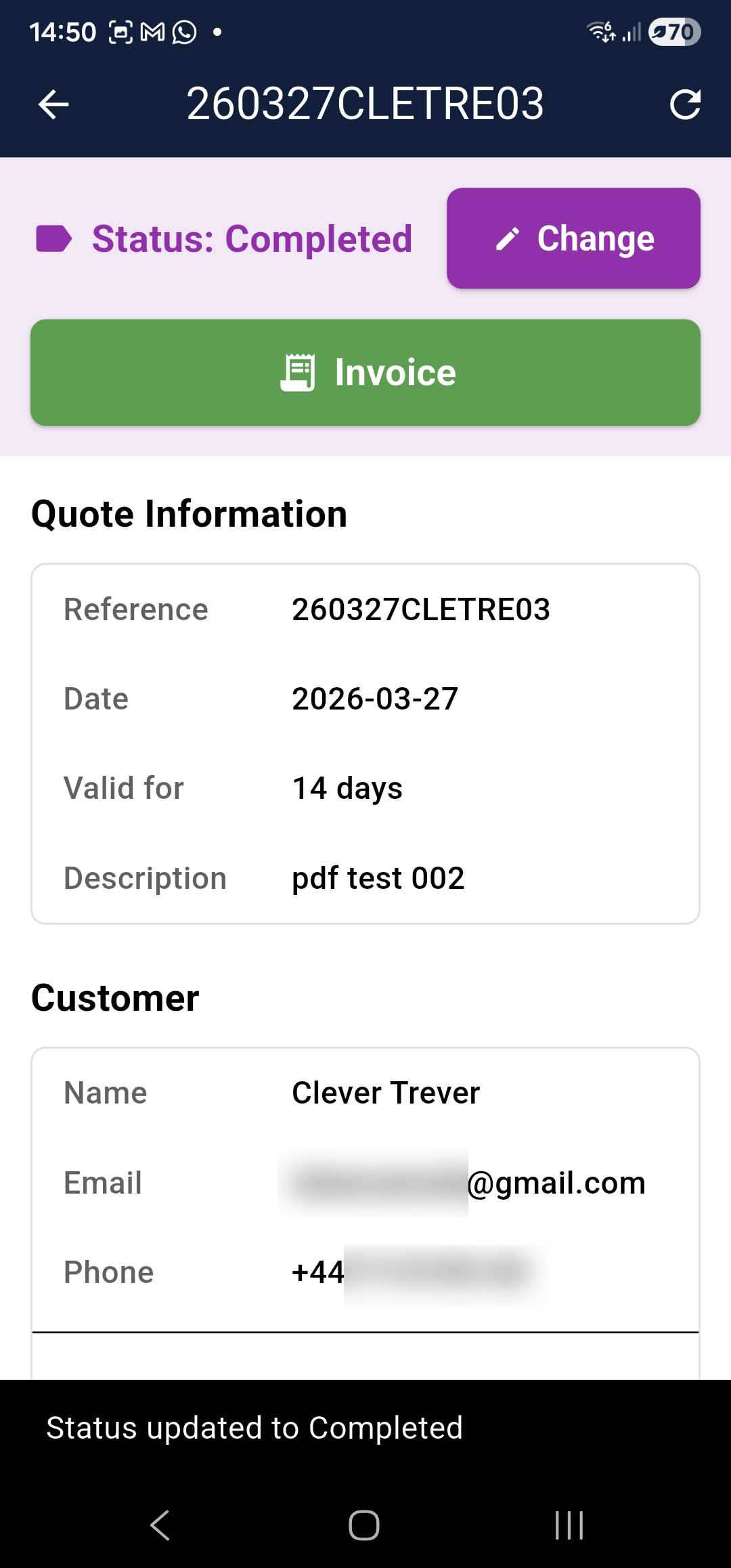 Converting an approved CoreQuote quote to an invoice