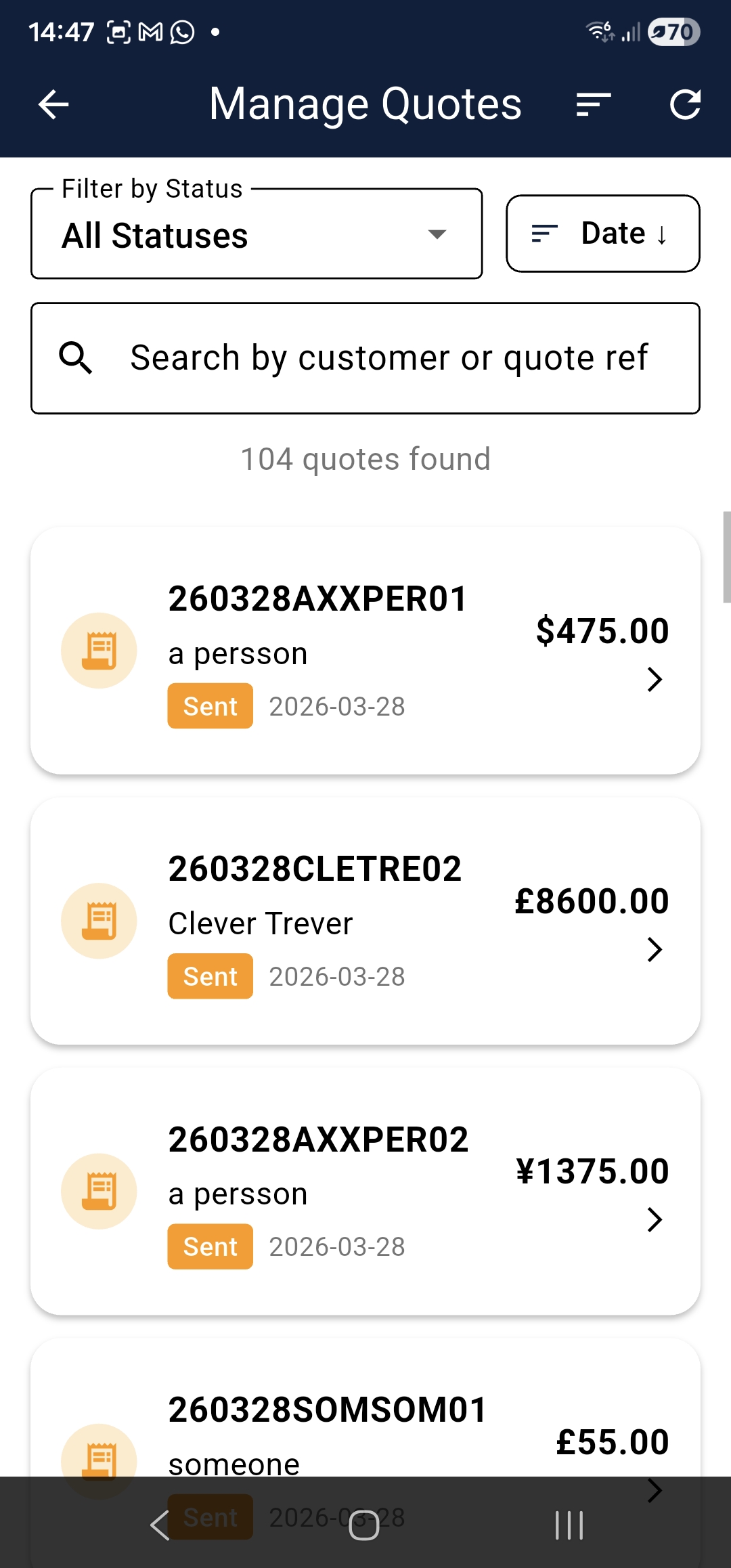 CoreQuote manage quotes screen showing quote list with statuses