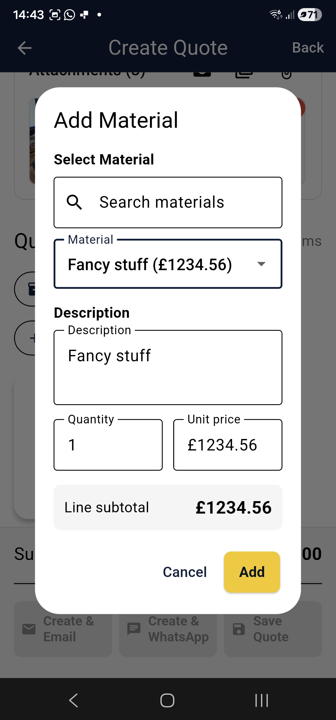 Adding a material line item to a CoreQuote quote