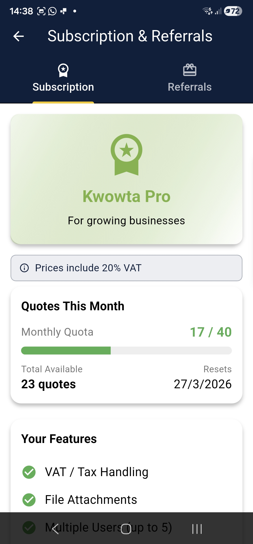 CoreQuote subscription screen showing Pro plan and monthly quota