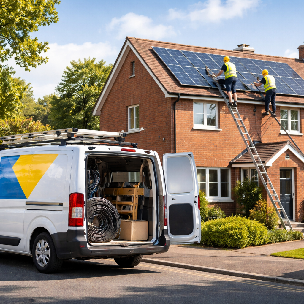 solar company van branded with panels visible on house behind
