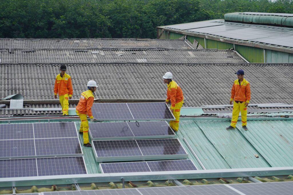 solar installer on roof with panels, safety harness visible