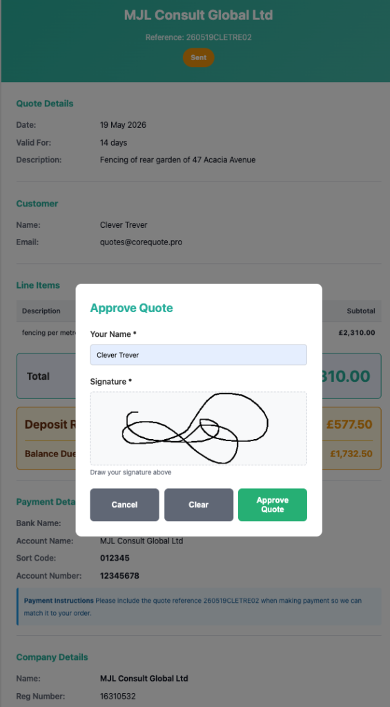 CoreQuote free quote app for tradespeople UK