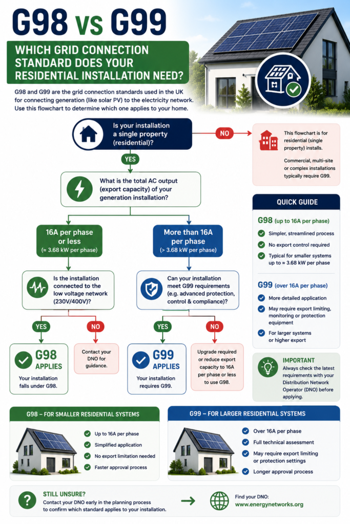 flowchart showing G98 vs G99 decision for a residential installation
