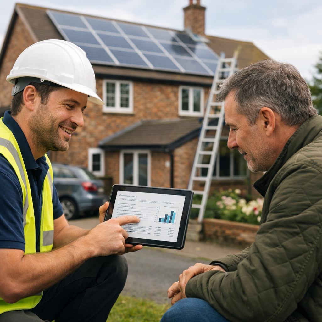 solar installer presenting quote on tablet to homeowner
