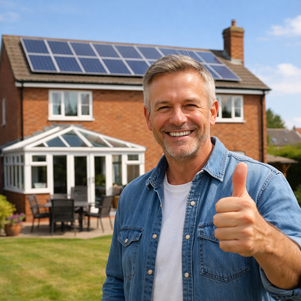 happy homeowner with solar panels, giving thumbs up