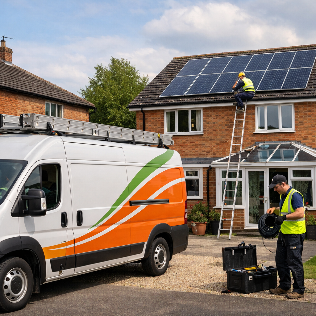 branded solar installer van outside a house with newly installed solar panels
