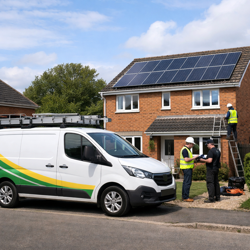 branded solar installer van outside a house with newly installed solar panels