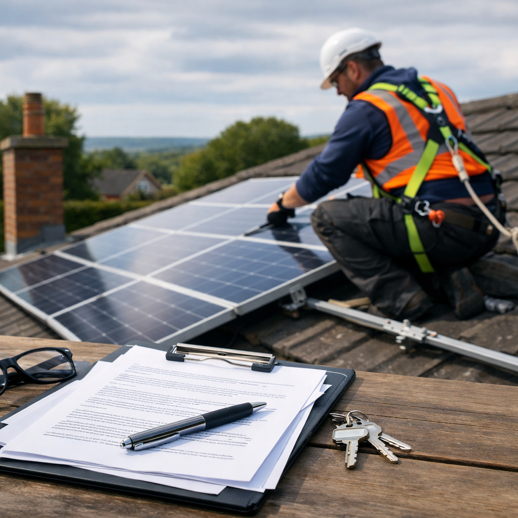 solar installer on roof with safety harness, insurance document in foreground