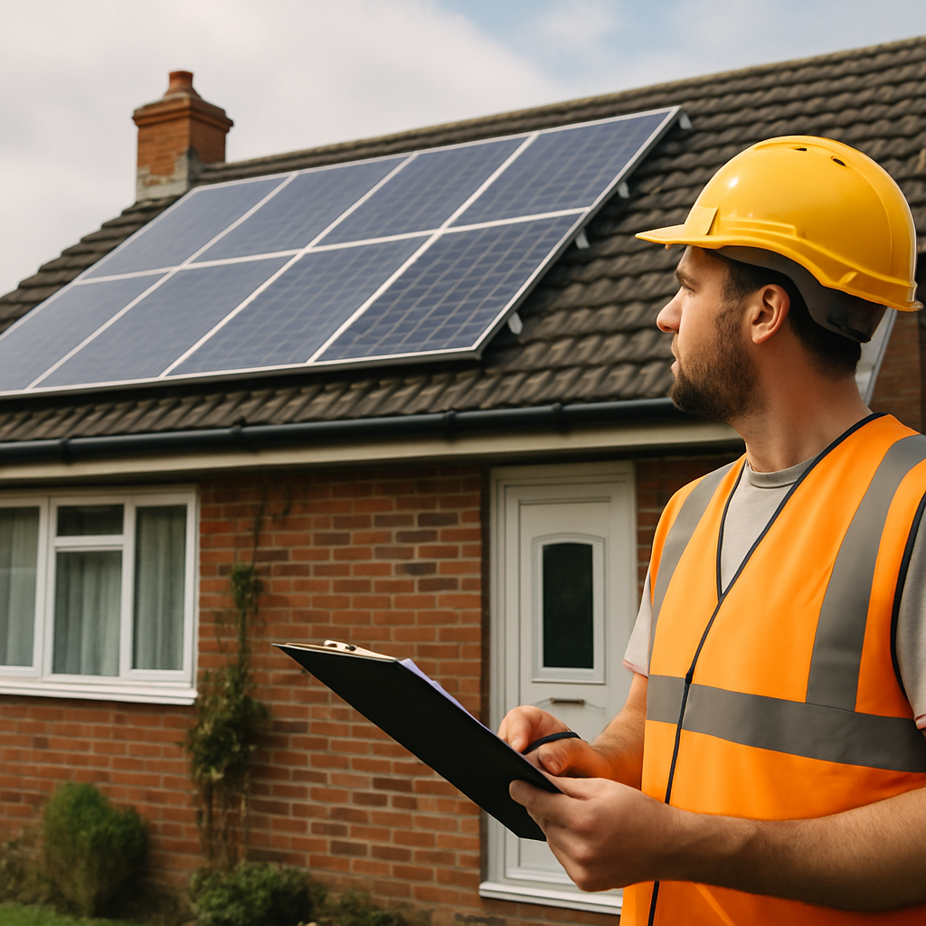 solar installer looking at a house roof with clipboard, professional but modest setup