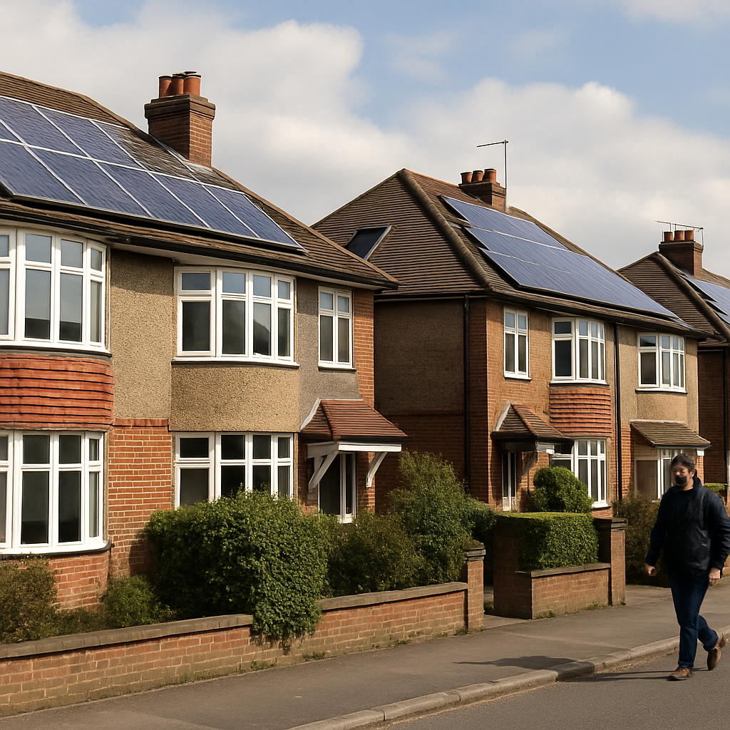 UK residential street with solar panels visible on multiple houses