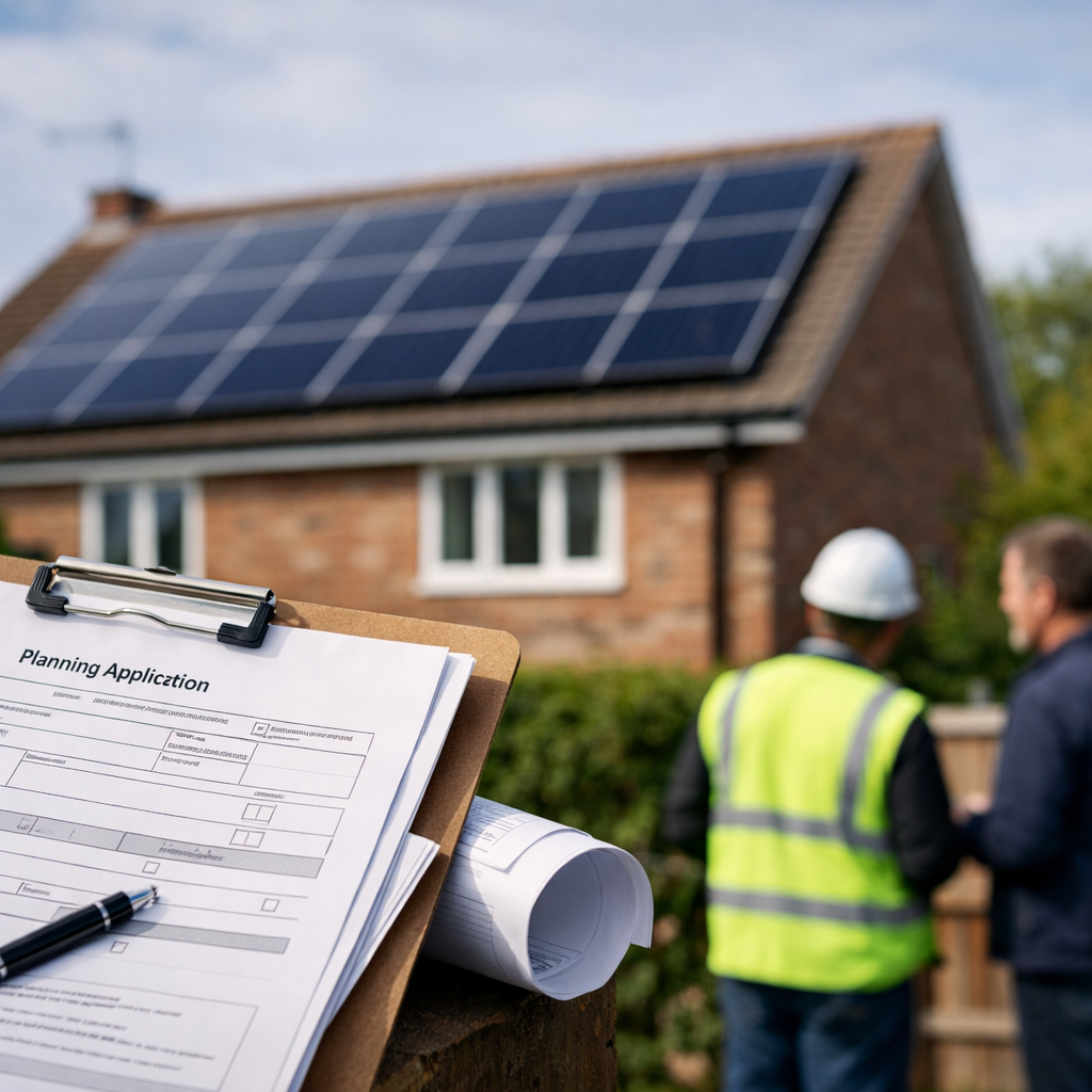 planning permission document with solar panels on house in background
