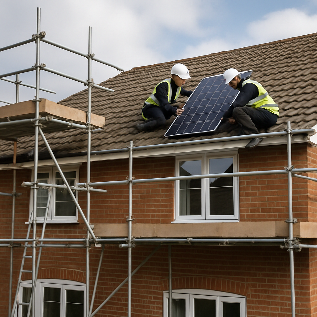 scaffolding erected on residential house for solar installation, professional setup