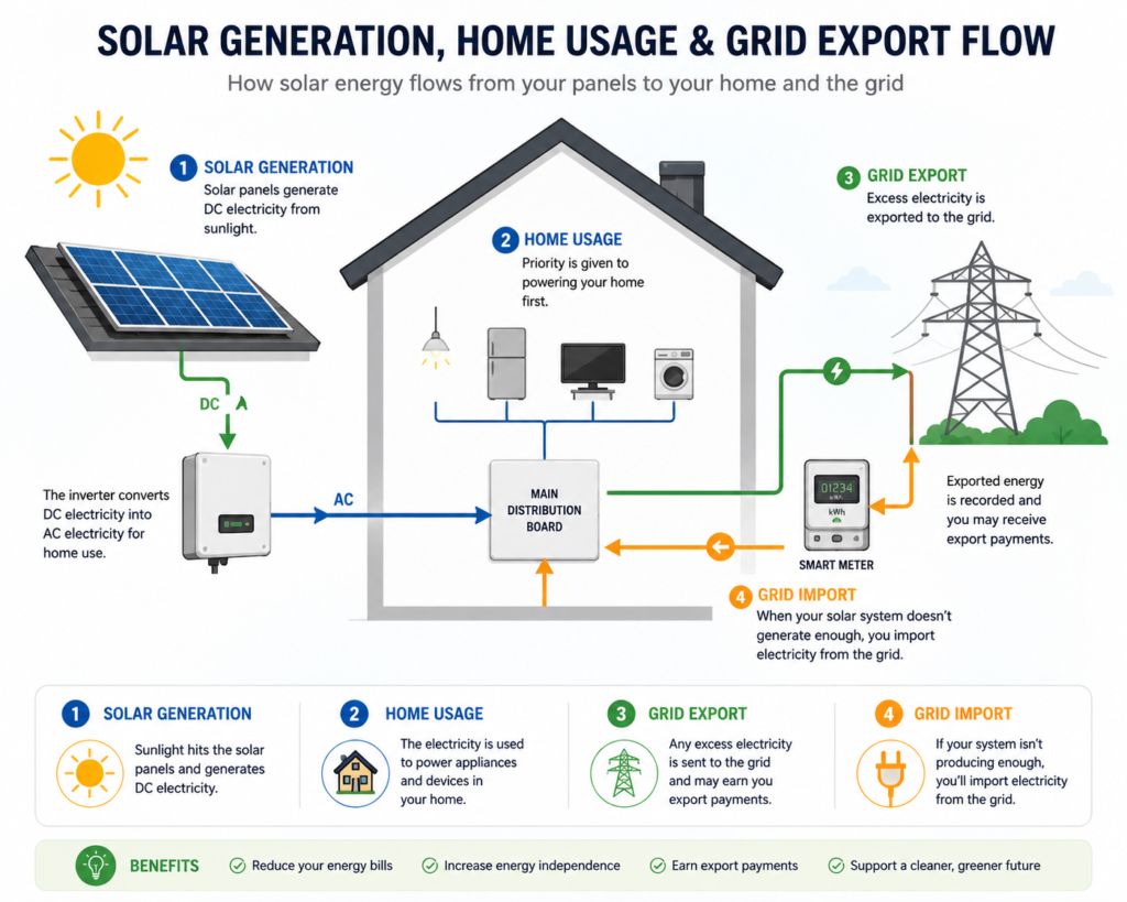 diagram showing solar generation, home usage, and grid export flow