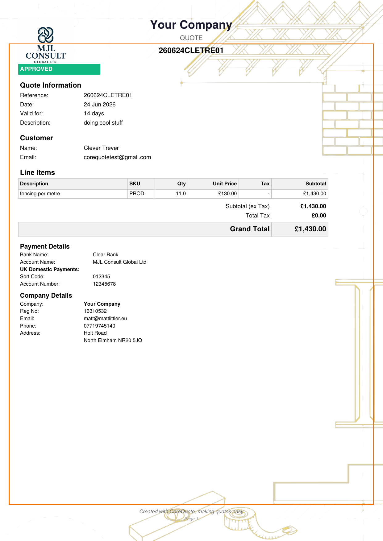 CoreQuote sample quote PDF showing company logo, line items, approved status, and payment details