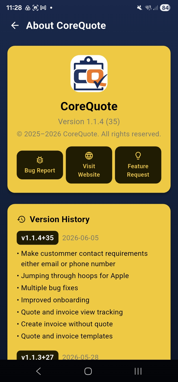 CoreQuote about screen showing version and support options