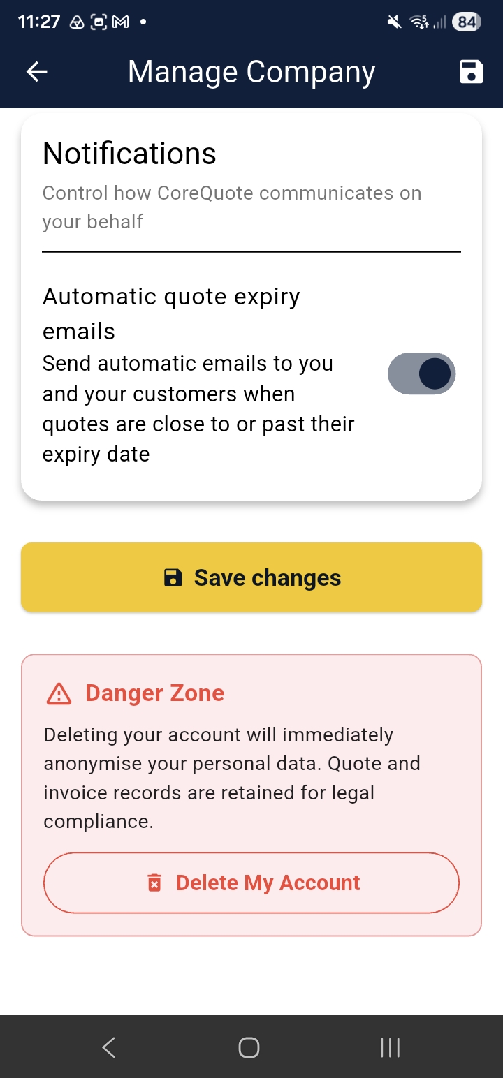 CoreQuote notifications and account deletion settings