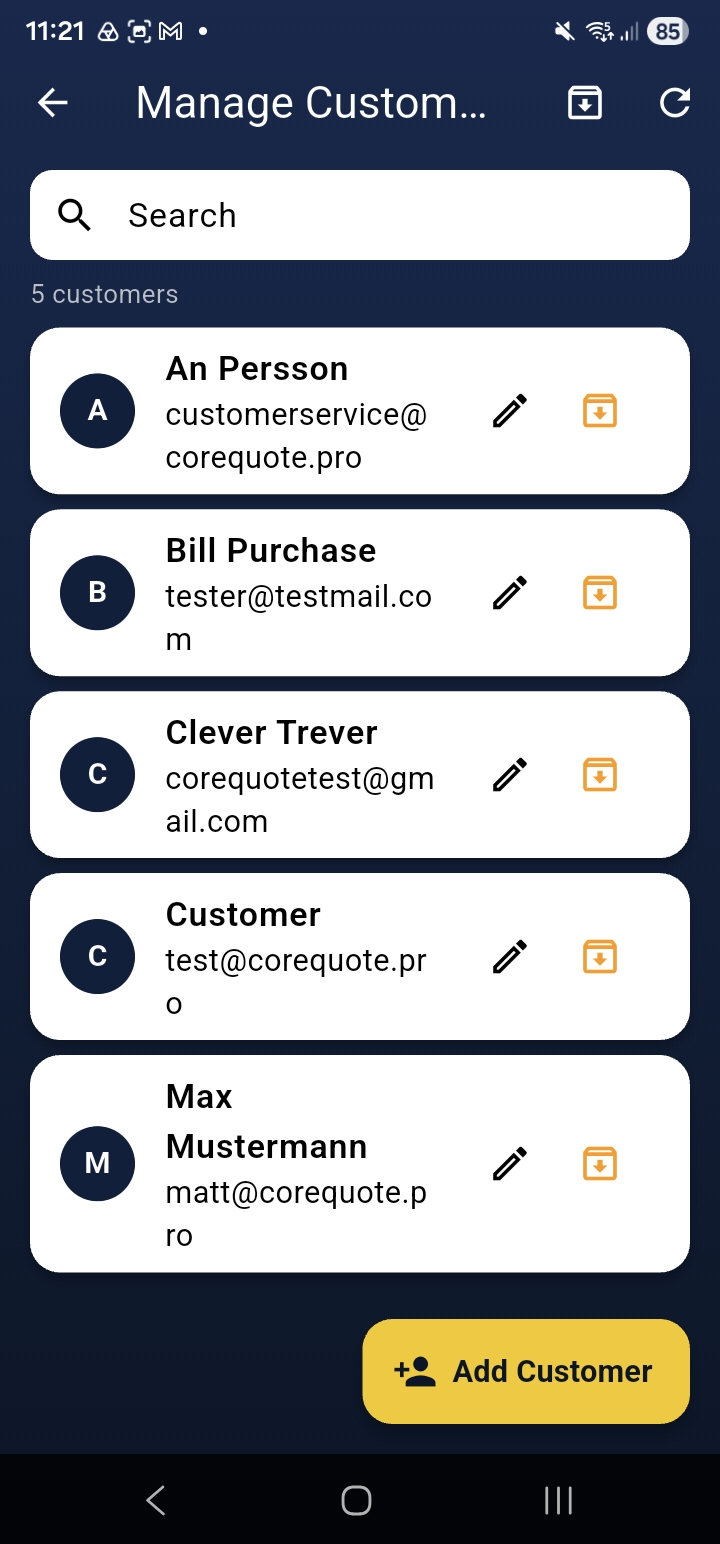 CoreQuote customers list with search and edit options