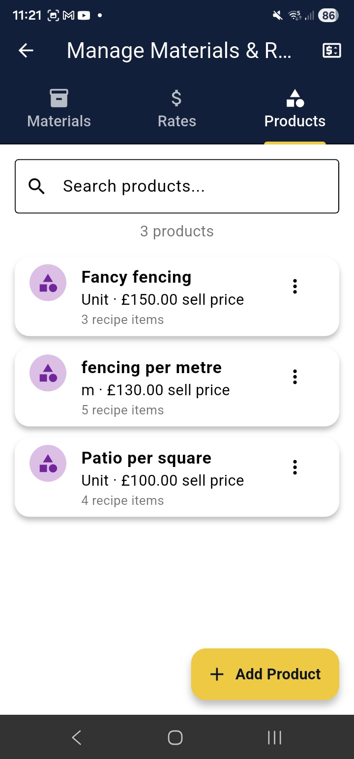 CoreQuote materials library list with search
