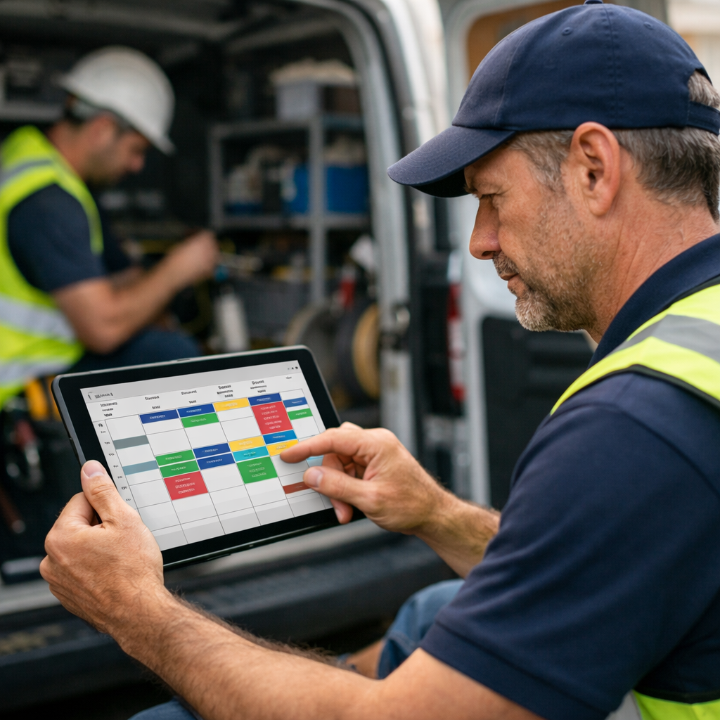 An electrical contractor reviewing a job schedule on a tablet, showing multiple engineer assignments for the week