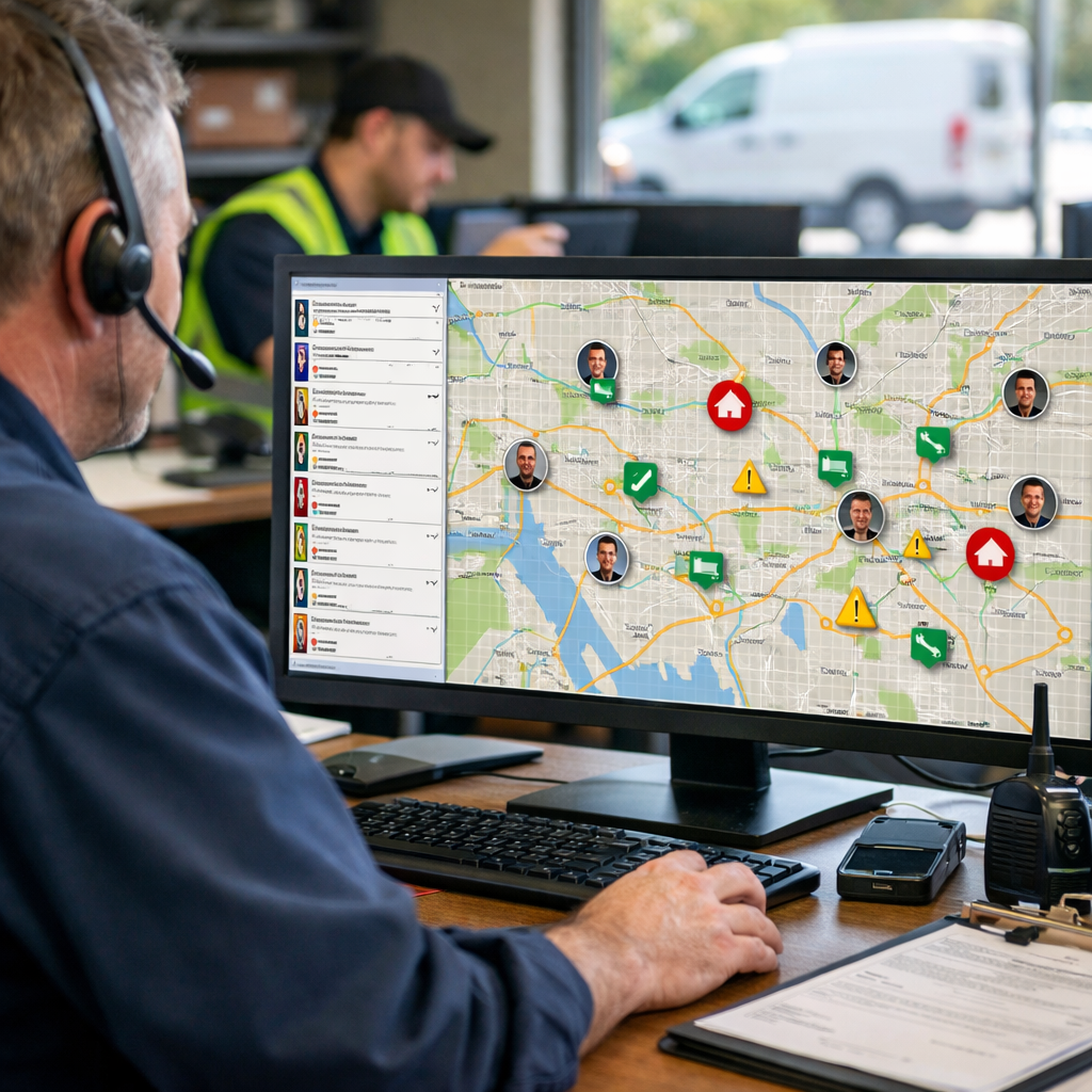 An electrician dispatching screen showing multiple job assignments on a map with technician locations marked