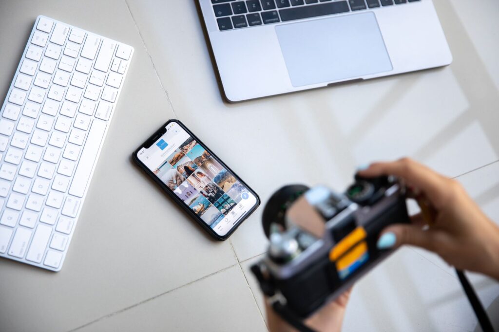 US contractor photographing a completed kitchen renovation for social media content