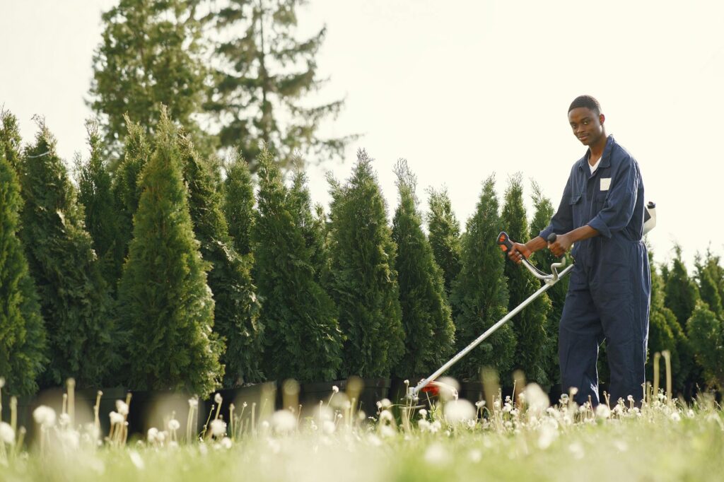 Landscaper assessing a residential garden in the USA, professional workwear, clipboard in hand