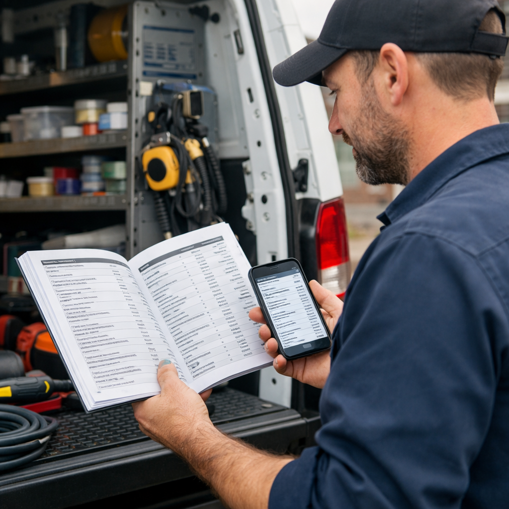 An electrician reviewing a printed price book and a phone app showing matching digital rates, at a work truck
