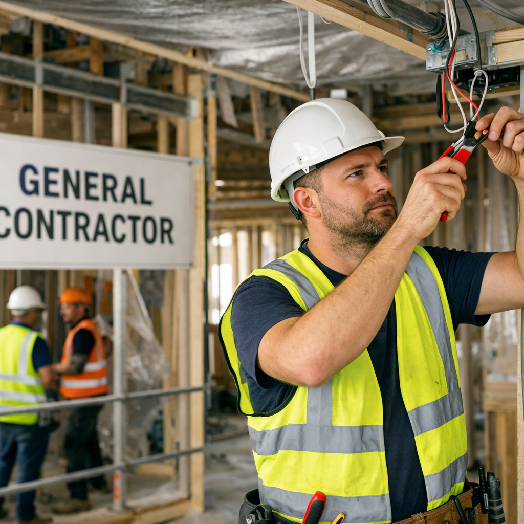 A subcontractor electrician completing installation work on a construction site, with a general contractor's sign visible in the background